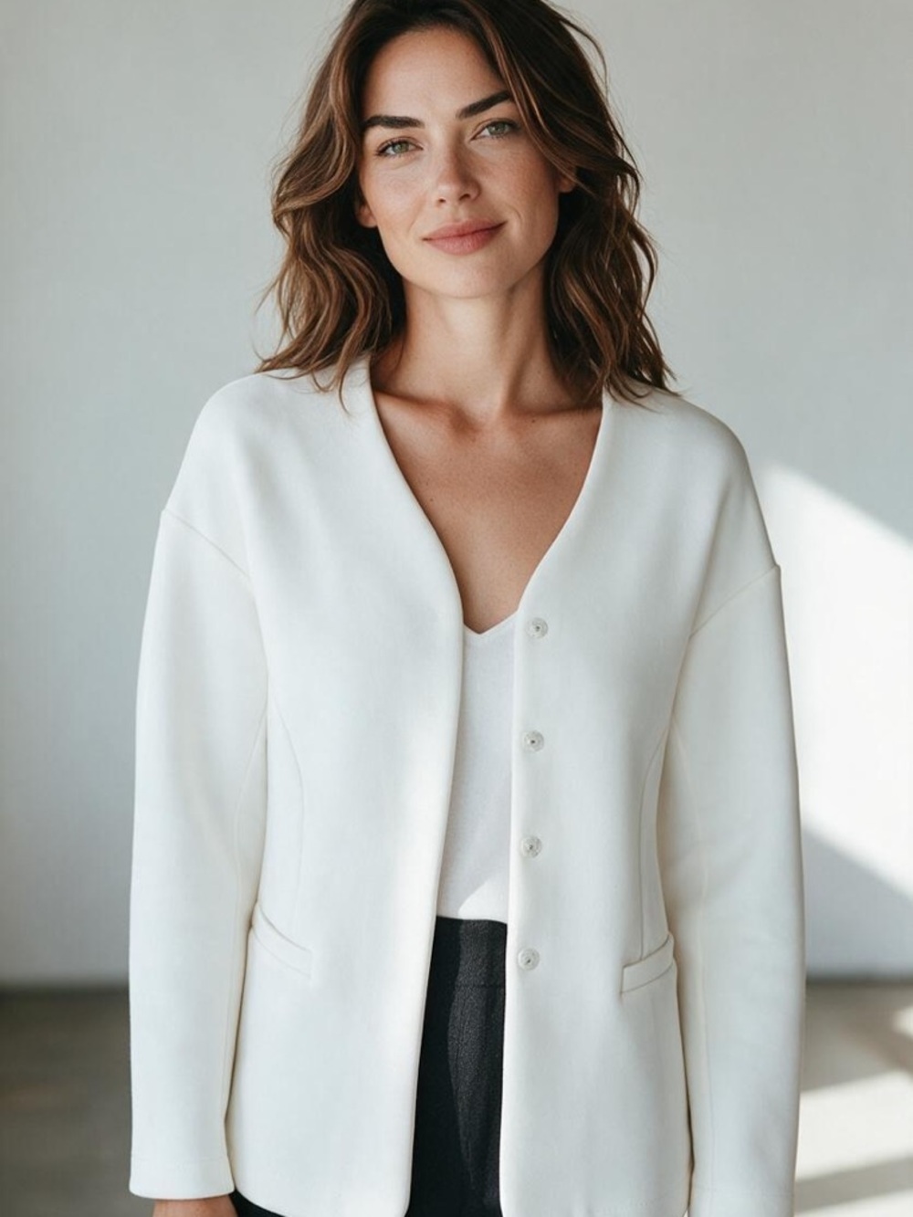 H&M Women's Cream V-Neck Buttoned Blazer